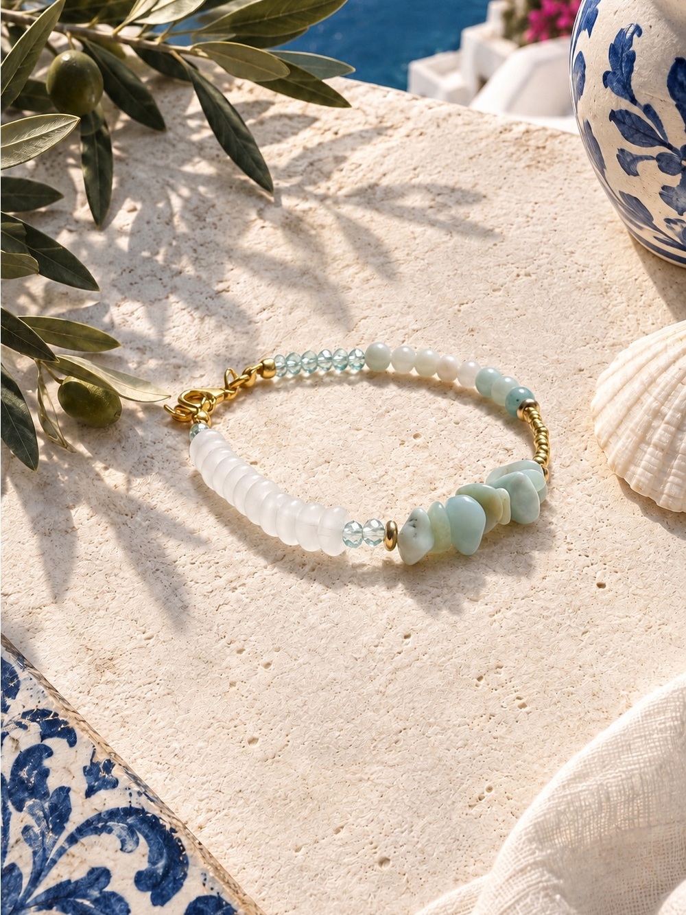 Gold-Bead Aqua & White Beaded Bracelet